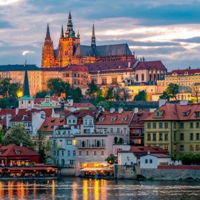 Prague Castle with St. Vitus Cathedral over Lesser town (Mala Strana) at sunset, Czech Republic
